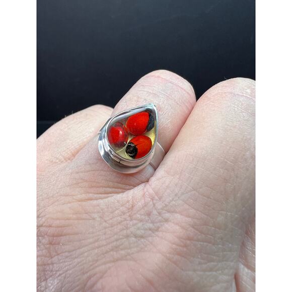 950 Silver Adjustable Huayruro Seed Resin Ring Peruvian Art Good Luck, Size 7 - Picture 4 of 8